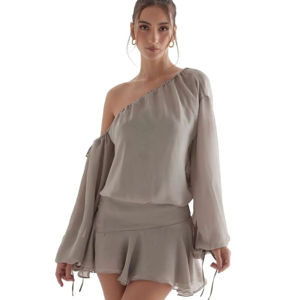 House of CB Off-Shoulder Chiffon Mini Dress XS - Ash Green